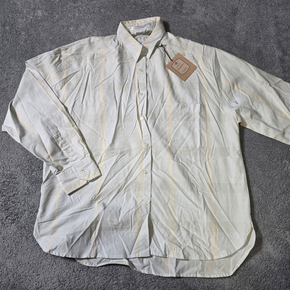 Generra Mens M Button Down Shirt White Striped Rayon Cotton Long Sleeve 153036